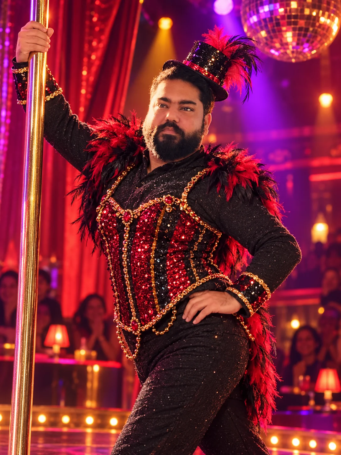 A comedic cabaret image of a man posing beside a dance pole